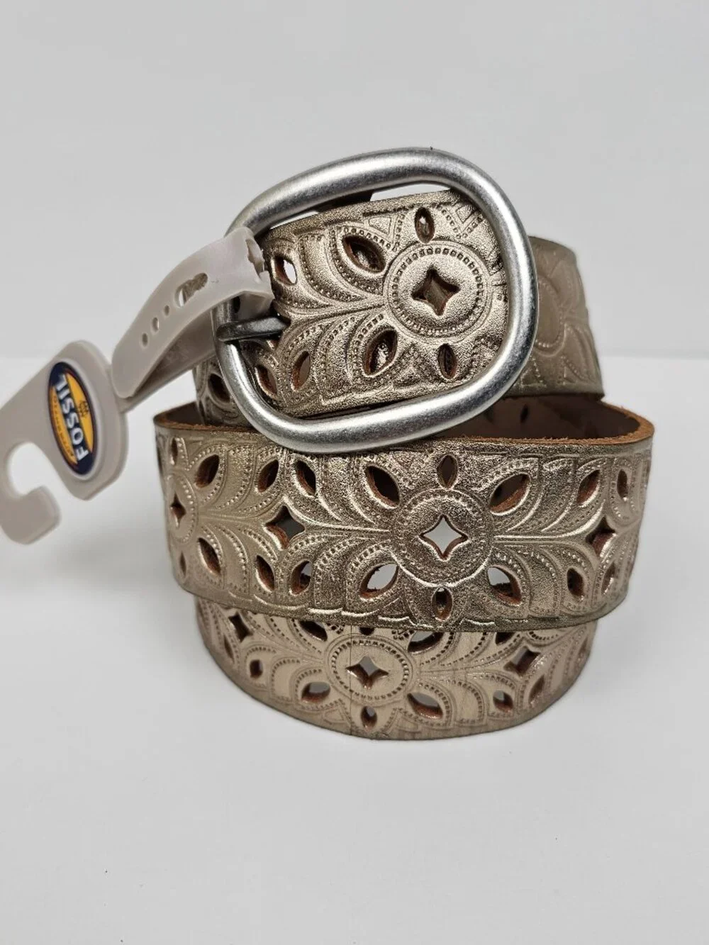 Fossil Women's Floral Perforated Silver Leather Belt L Large Vintage Y2K Boho